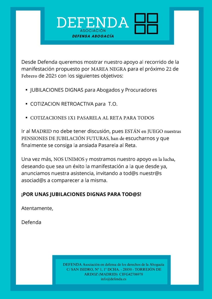 📣📣📣MANIFESTACIÓN 22F en MADRID.
DEFENDA apoya la iniciativa de "Marea Negra" e inundará las calles de Madrid por unas PENSIONES de jubilación DIGNAS para TODOS.
#PASARELAALRETAPARATODOS1X1 

Es nuestro momento d ser escuchados y tratados con dignidad y respeto.

Todos UNIDOS.