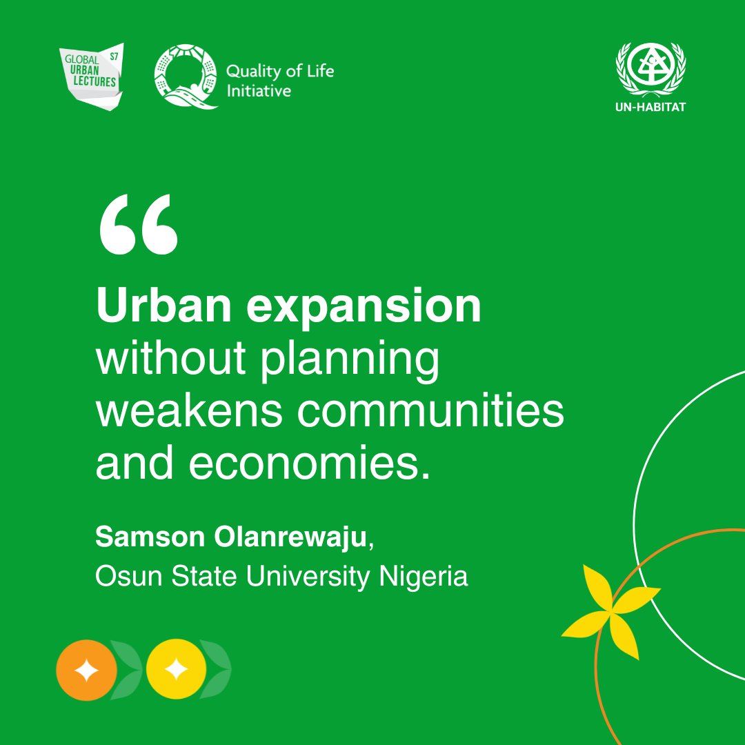 Unplanned urban growth reshapes societies—often at a cost.

➡️ Agricultural land disappears, threatening food
security
➡️ Traditional skills are lost as labor shifts to low-wage jobs.

Hear more from <a href="/Samlanrewaju/">Dr. Olanrewaju Samson O. (MNITP, MNES, RTP)</a> in
<a href="/UNHABITAT/">UN-Habitat</a>'s #GlobalUrbanLectures: youtu.be/JtQ1pso_8DQ?si…