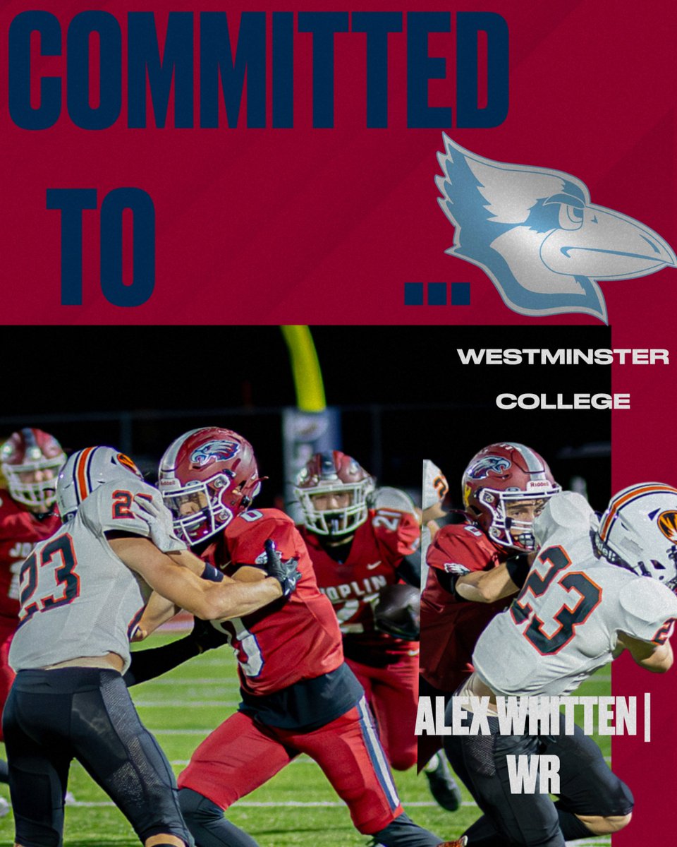 Joplin Football (@joplinfootball) on Twitter photo We want to give a shout out to wide receiver , Alex Whitten (<a href="/Alexrwhitten17/">Alex Whitten</a>) on his commitment to Westminster College (<a href="/WESTMOFB/">Westminster College Football</a>) ! Congratulations Alex! Can't wait to see what you do at the next level!
#RTS #ThePriceToPay #GoEagles #JoplinU We want to give a shout out to wide receiver , Alex Whitten (<a href="/Alexrwhitten17/">Alex Whitten</a>) on his commitment to Westminster College (<a href="/WESTMOFB/">Westminster College Football</a>) ! Congratulations Alex! Can't wait to see what you do at the next level!
#RTS #ThePriceToPay #GoEagles #JoplinU