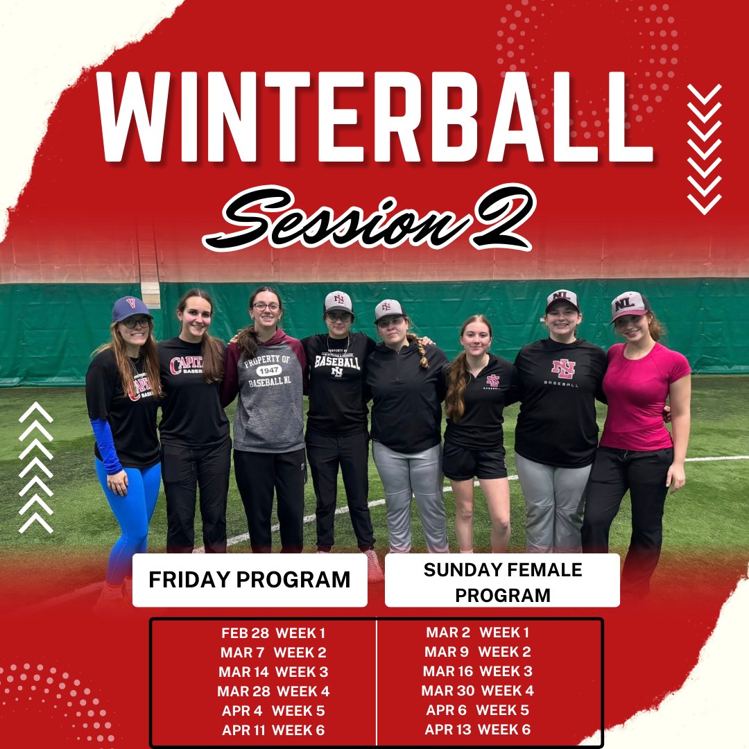 Winterball Session #2 is right around the corner, with our Friday Program starting up on Feb 28th, and our Sunday program beginning on Mar 2nd!
Click the link below for our Info Package! For any questions, reach out to Dave via dlahey@baseballstjohns.ca
tinyurl.com/4f2yh2ka