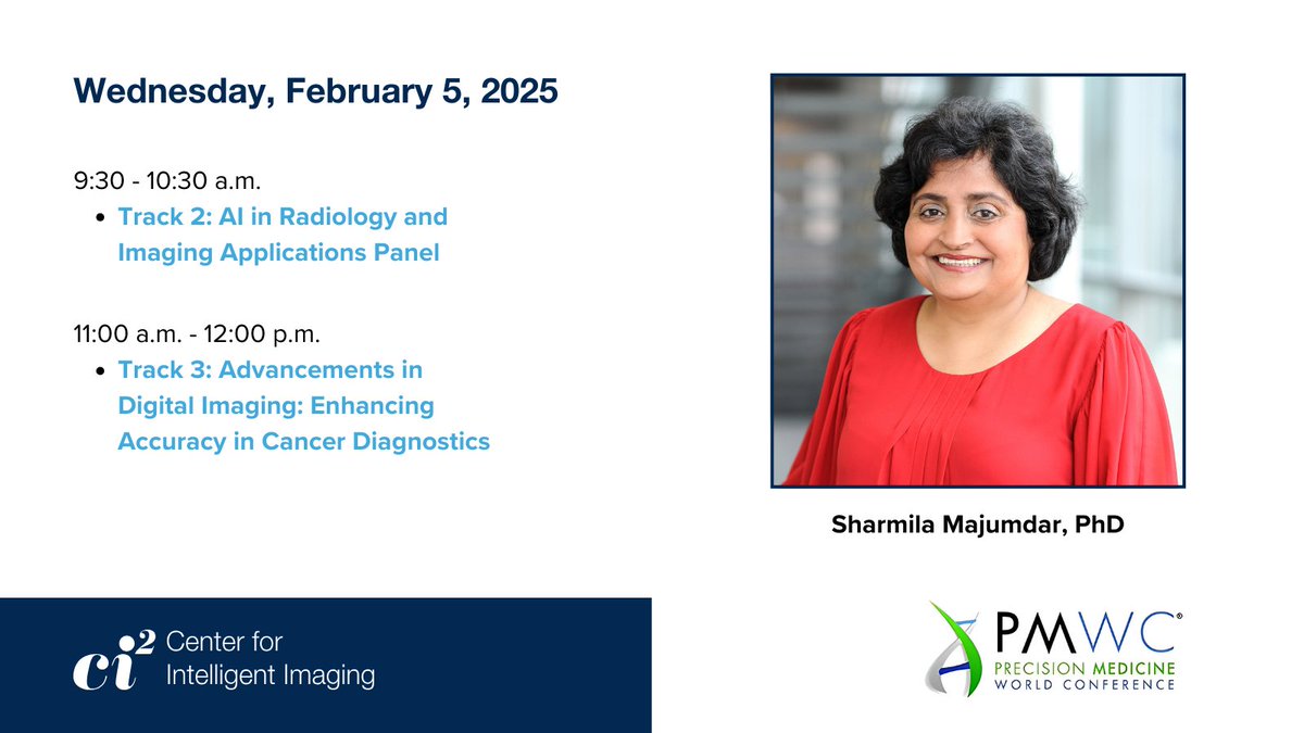 UCSF Center for Intelligent Imaging (@ucsf_ci2) on Twitter photo Dr. <a href="/sharmilamajumda/">Sharmila Majumdar</a> will be in Tracks 2 & 3 today at <a href="/PMWCintl/">Precision Medicine World Conference</a> with colleagues from <a href="/MedicalCollege/">Medical College of Wisconsin</a> & <a href="/StanfordAIMI/">Stanford AIMI</a>. Don't miss out on their discussions of #AI & #DigitalImaging. pmwcintl.com/program/ Dr. <a href="/sharmilamajumda/">Sharmila Majumdar</a> will be in Tracks 2 & 3 today at <a href="/PMWCintl/">Precision Medicine World Conference</a> with colleagues from <a href="/MedicalCollege/">Medical College of Wisconsin</a> & <a href="/StanfordAIMI/">Stanford AIMI</a>. Don't miss out on their discussions of #AI & #DigitalImaging. pmwcintl.com/program/