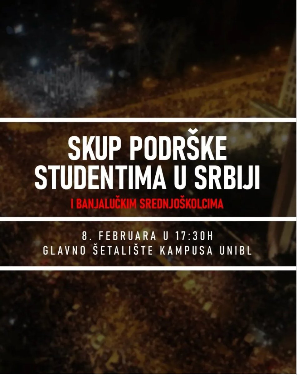 ReStartSrpska's tweet photo. Neformalna grupa studenata iz Banjaluke ponovo je pozvala svoje kolege, profesore, radnike banjalučkog Univerziteta, kao i sve građane da im se pridruže na mirnom skupu podrške studentima u Srbiji, ali i srednjoškolcima u Banjaluci, u subotu u kampusu. https://t.co/pfmKS8zJDL