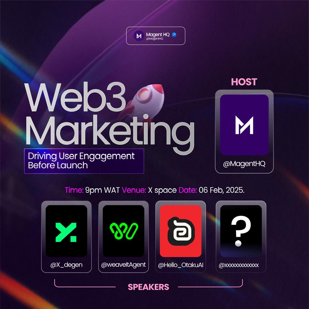 Magent HQ (@magenthq) on Twitter photo How Do You Drive User Engagement Before Launching Your Product?
This week on our Web3 Marketing Space,
Three of the Top 5 Products building in <a href="/SuperteamNG/">Superteam Nigeria</a> will be dropping Alphas
Speakers:
<a href="/Hello_OtakuAI/">Otaku AI</a>
<a href="/X_dgen/">XDEGEN</a>
<a href="/weaveItAgent/">Weaveit || No Token Launched</a>
Oh, That's true Magent was also among the top 5 How Do You Drive User Engagement Before Launching Your Product?
This week on our Web3 Marketing Space,
Three of the Top 5 Products building in <a href="/SuperteamNG/">Superteam Nigeria</a> will be dropping Alphas
Speakers:
<a href="/Hello_OtakuAI/">Otaku AI</a>
<a href="/X_dgen/">XDEGEN</a>
<a href="/weaveItAgent/">Weaveit || No Token Launched</a>
Oh, That's true Magent was also among the top 5