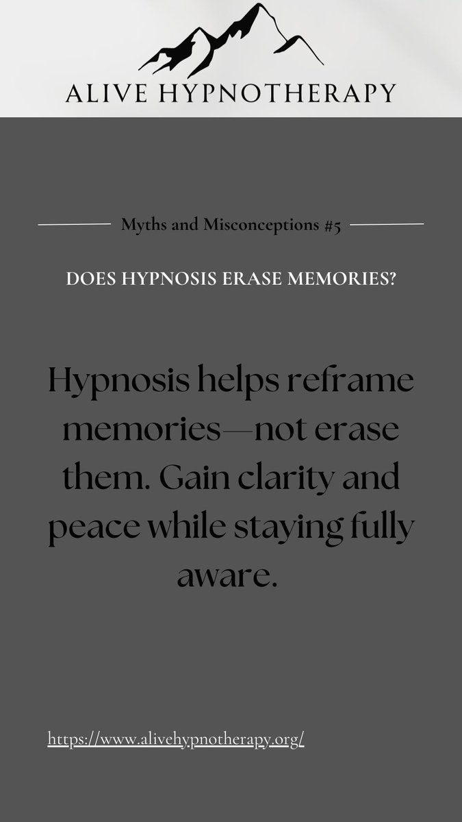 AliveHypnosis's tweet image. Hypnotherapy reframes memories, bringing clarity and peace—without erasing them. Your past doesn’t define you. Let’s shift your mindset! 💭✨
#ReframeYourMindset