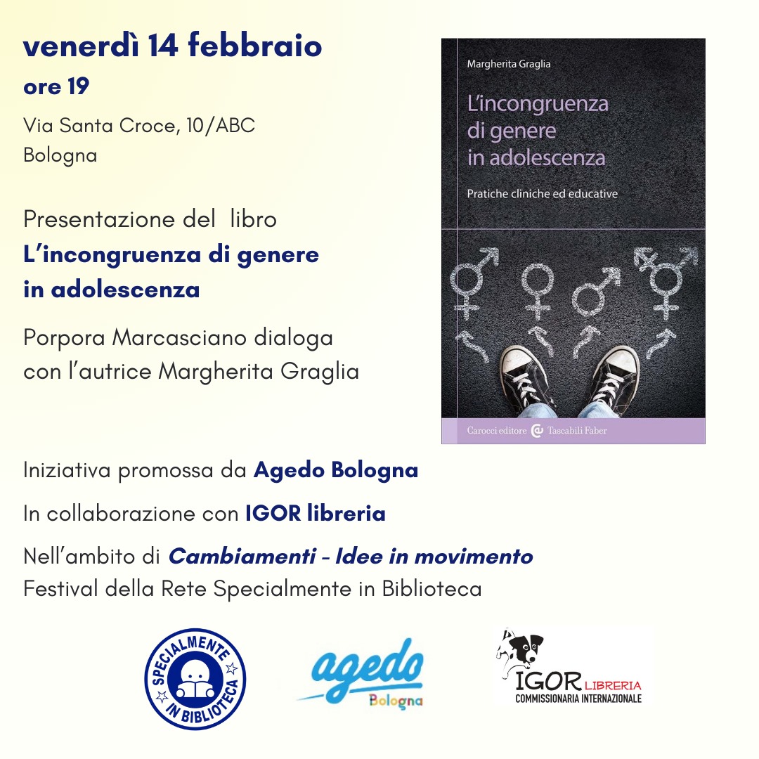 Presentazione del libro che ho curato "L'incongruenza di genere in adolescenza. Pratiche cliniche ed educative" (Carocci, 2024) che si terrà il 14 febbraio alle 19 presso la libreria Igor a Bologna. Felice di dialogare con Porpora Marcasciano #transgender