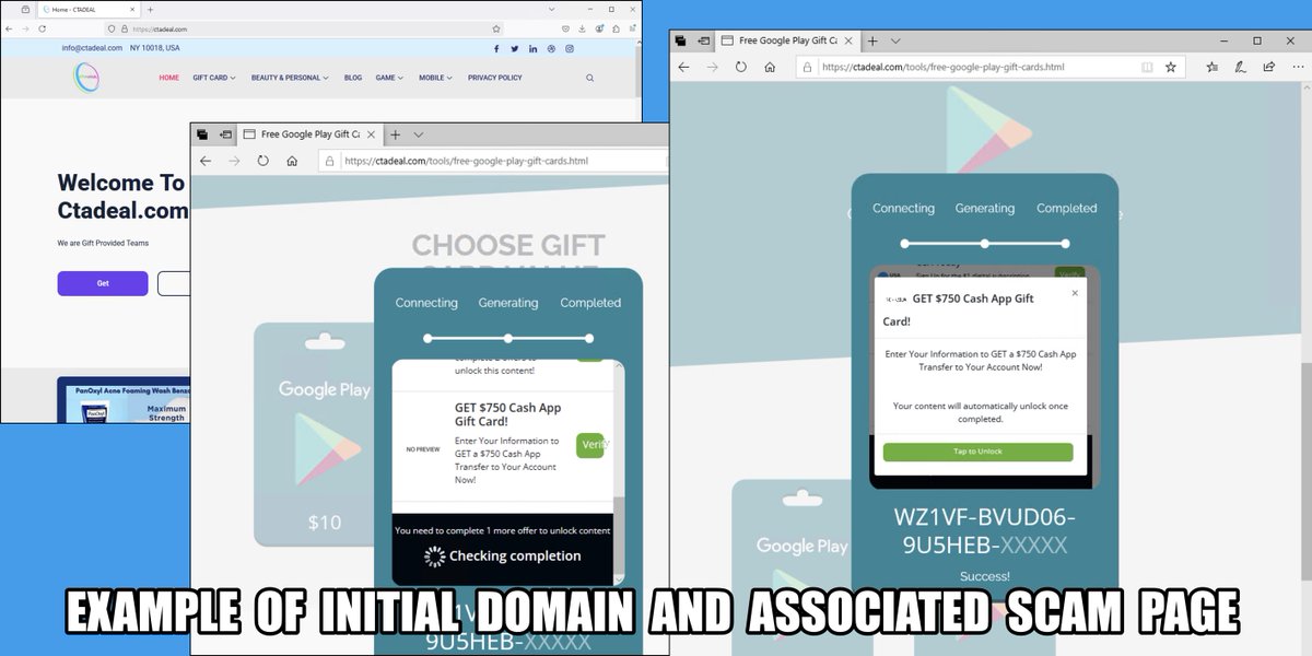 Unit42_Intel's tweet photo. We found 276 #Stockpiled domains in a #scam advertising gift cards for services like Google Play, Amazon and Roblox. To receive them, it redirects users to download extensions, purchase services thru affiliate links and divulge personal info. More info at https://t.co/NwcvoawlX0 https://t.co/w6OBpAvLuT