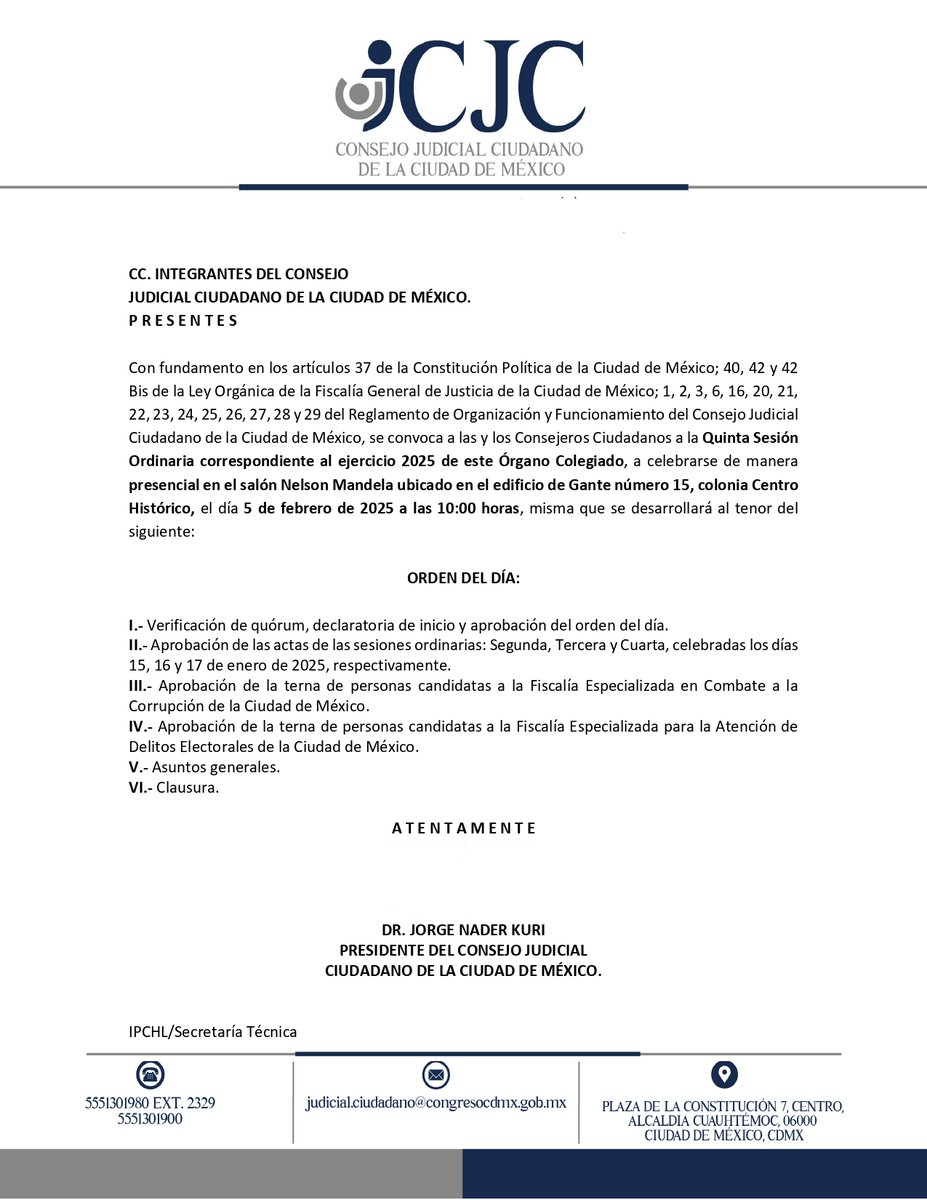 ConsejoCDMX2023's tweet photo. Acompáñanos a la Quinta Sesión ordinaria correspondiente al 2025 del #CJC #destacar #seguidores https://t.co/mtKer9Z7n6