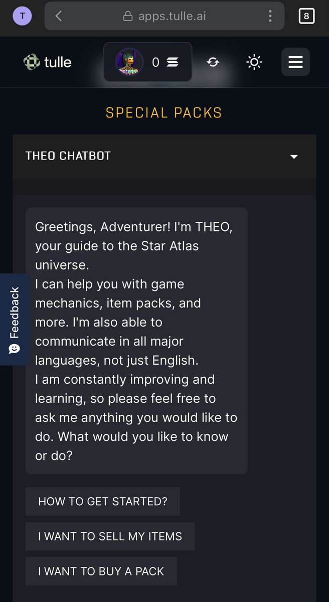 👀 You’ve seen THEO—your AI assistant

You’ve heard the buzz...

But have you truly unlocked THEO’s full potential?

Now’s the time to dive in and experience THEO in action!

⚡ Streamline buying &amp; selling of <a href="/staratlas/">Star Atlas</a> items effortlessly

apps.tulle.ai/star-atlas