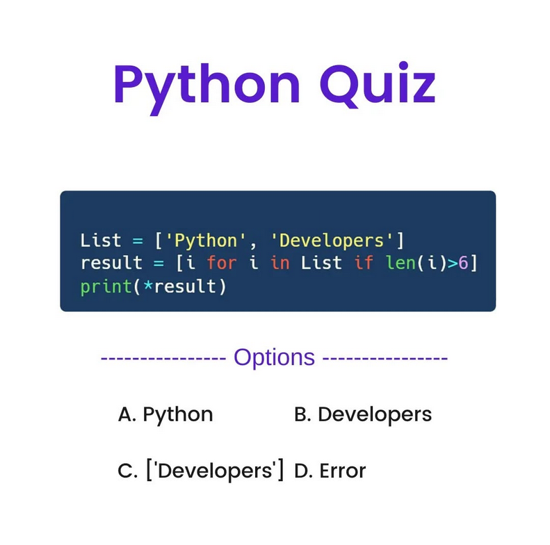 PythonDvz's tweet photo. Python Question / Quiz;

What is the output of the following Python code, and why? 🤔🚀 Comment your answers below! 👇

#python #programming #developer #programmer #coding #coder #softwaredeveloper #computerscience #webdev #webdeveloper #webdevelopment #pythonprogramming #pythonquiz #ai #ml #machinelearning #datascience