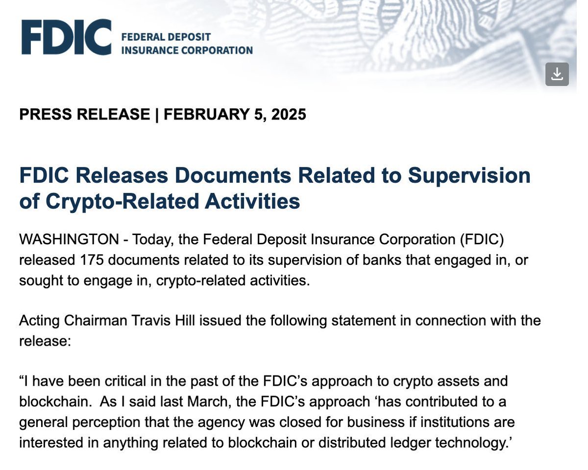 FDIC RELEASES DOCUMENTS ON SUPERVISION OF CRYPTO-RELATED ACTIVITIES - The  Federal Deposit Insurance Corporation (FDIC) has issued 175 documents  regarding the supervision of banks engaging in or seeking to engage in  crypto-related
