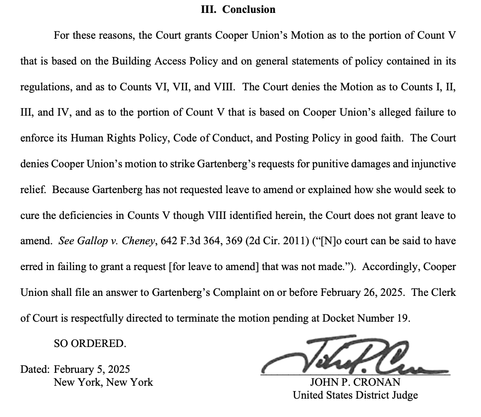 Wow! This judge in the Jewish students vs Cooper Union case is not holding back; CU's request for dismissal of the Title VI case was denied!

READ THIS! 
"The Court is dismayed by Cooper Union’s suggestion that the Jewish students should have hidden upstairs or left the building,