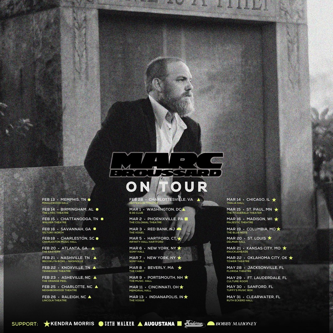 Marc Broussard (@marcbroussard) on Twitter photo Tour kicks off next week in Memphis! Excited to announce that <a href="/KendraMorris/">KendraMorris</a> <a href="/sethwalkermusic/">Seth Walker</a> <a href="/danlayus/">AUGUSTANA // Dan Layus</a> <a href="/Andorramusic/">Andorra</a> and <a href="/BobbyMahoney/">ANOTHER DEADBEAT SUMMER OUT NOW!</a> will be joining me along the way. Tickets at marcbroussard.com Tour kicks off next week in Memphis! Excited to announce that <a href="/KendraMorris/">KendraMorris</a> <a href="/sethwalkermusic/">Seth Walker</a> <a href="/danlayus/">AUGUSTANA // Dan Layus</a> <a href="/Andorramusic/">Andorra</a> and <a href="/BobbyMahoney/">ANOTHER DEADBEAT SUMMER OUT NOW!</a> will be joining me along the way. Tickets at marcbroussard.com