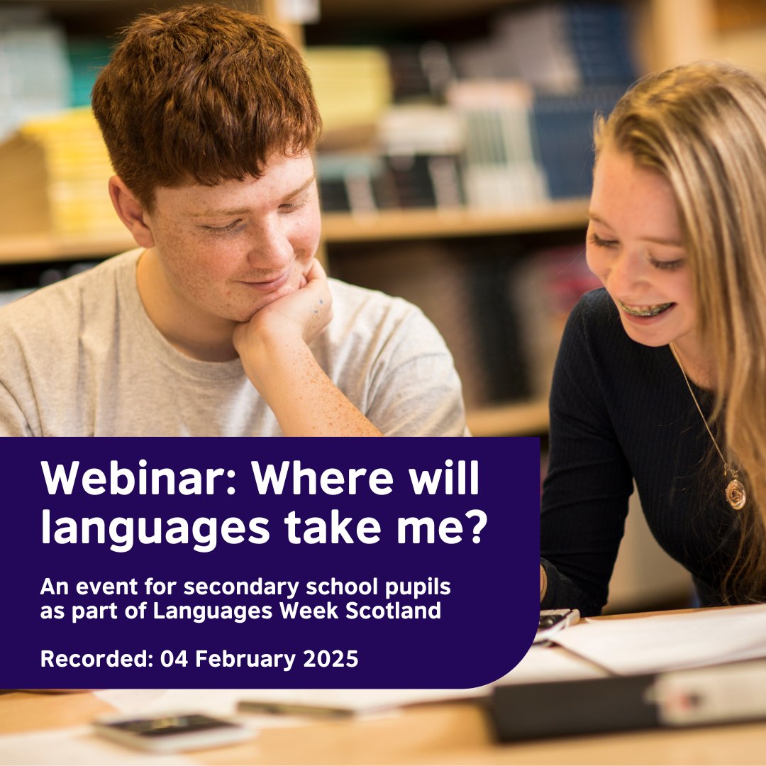 British Council Scotland (@bcscotland) on Twitter photo Secondary pupils!🗣️Where will languages take you? 
🌍Watch our webinar to hear real stories of how language skills opened doors - from travel to careers💡 Plus a Q&A with pupils. 
📽️ Watch now: ow.ly/lfft50UU8F5 
#ScotlandLovesLanguages
#LanguageTrendsScotland Secondary pupils!🗣️Where will languages take you? 
🌍Watch our webinar to hear real stories of how language skills opened doors - from travel to careers💡 Plus a Q&A with pupils. 
📽️ Watch now: ow.ly/lfft50UU8F5 
#ScotlandLovesLanguages
#LanguageTrendsScotland