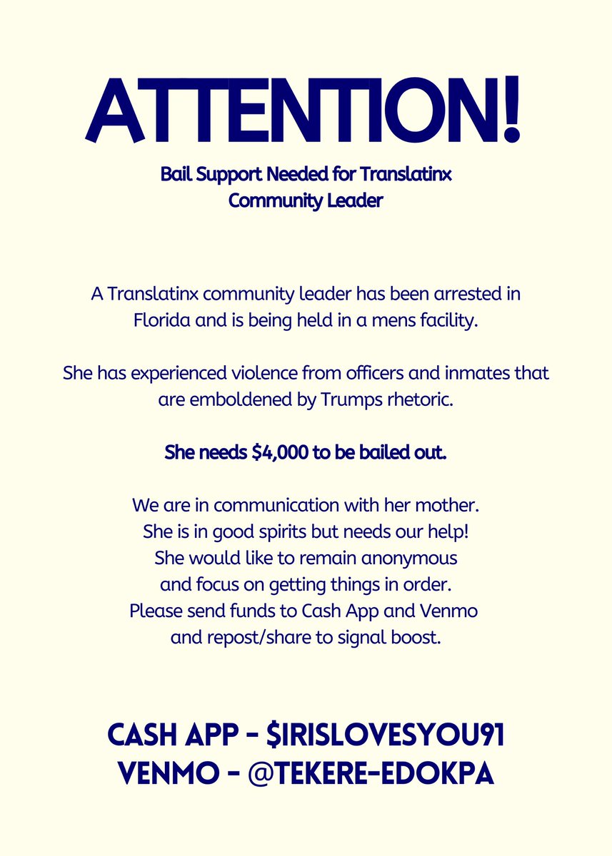 URGENT! One of my closest friends &amp; recognized figures within the fashion/nightlife community (anonymity for the sake of her privacy) has been unjustly arrested and detained in a Florida state men’s facility. We are trying to bail her out asap please donate or share!