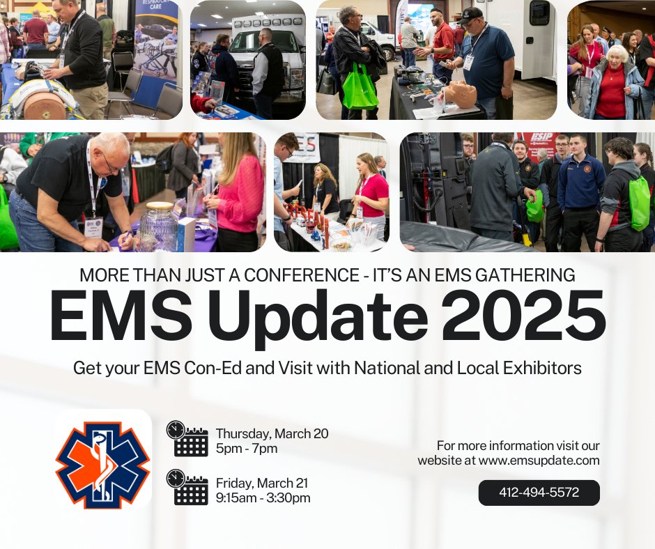 EMS Update 2025 - Pennsylvania's Largest EMS Gathering, features over 80 EMS Continuing Education classes and a Sold Out Exhibit Hall. 

Our Exhibit Hall is open Thursday March 20 in the evening for a reception sponsored by the Exhibitors and then all day Friday March 21.