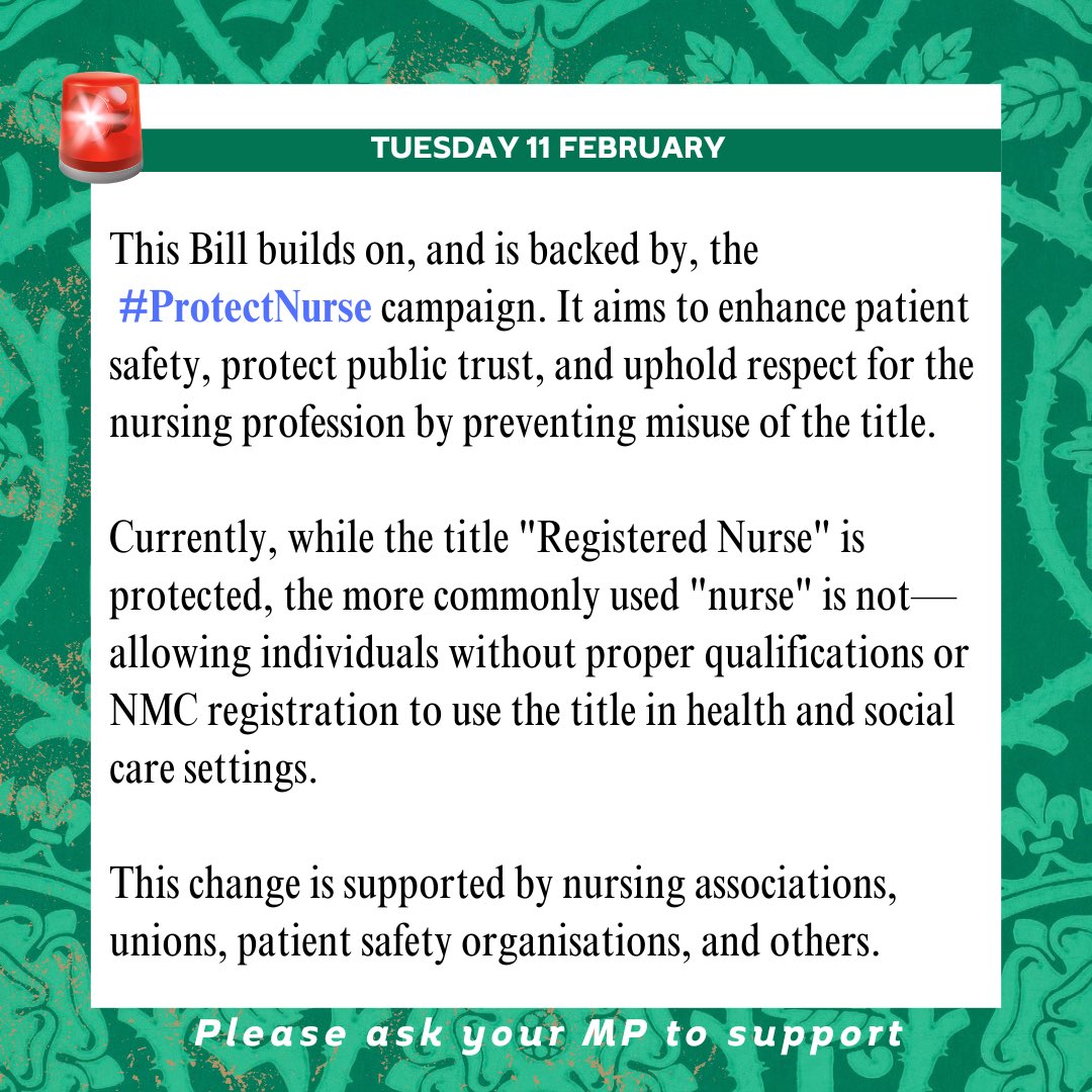 Dawn Butler βπΎπ (@dawnbutlerbrent) on Twitter photo π¨NEW: On Tuesday 11th February, I will introduce a Ten Minute Rule Bill seeking to make 'nurse' a protected title in UK law.
Pleased to have support from and build on the vital <a href="/protectnurse/">#ProtectNurse</a> campaign <a href="/alisonleary1/">Prof Alison Leary π#ProtectNurse</a> <a href="/caspertown42/">Paul Trevattπ</a>. #ProtectNurse
Read more: dawnbutler.org.uk/ten_minute_rulβ¦ π¨NEW: On Tuesday 11th February, I will introduce a Ten Minute Rule Bill seeking to make 'nurse' a protected title in UK law.
Pleased to have support from and build on the vital <a href="/protectnurse/">#ProtectNurse</a> campaign <a href="/alisonleary1/">Prof Alison Leary π#ProtectNurse</a> <a href="/caspertown42/">Paul Trevattπ</a>. #ProtectNurse
Read more: dawnbutler.org.uk/ten_minute_rulβ¦