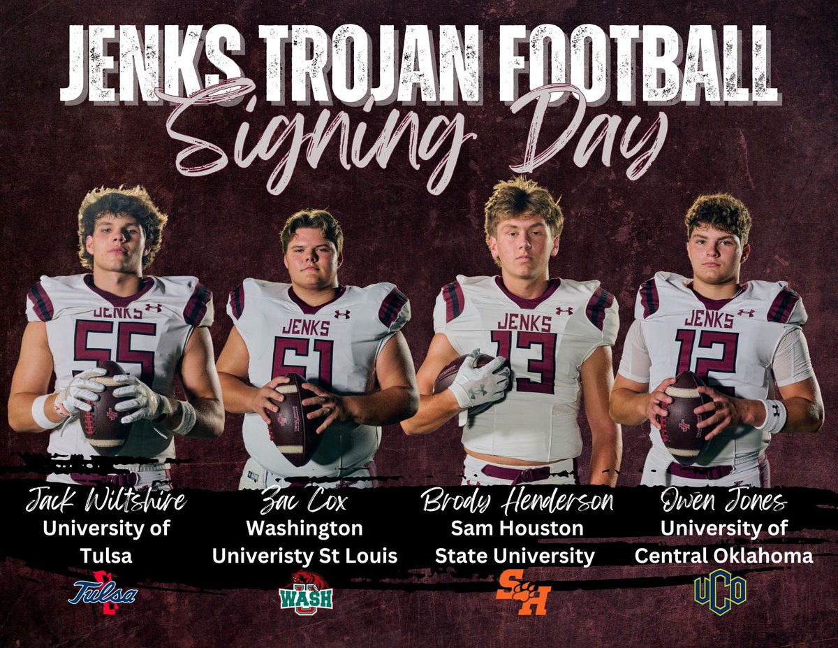 JenksTrojanFootball (@jenksfootball) on Twitter photo Congratulations to these Student-Athletes!
<a href="/JackWiltshire55/">Jack Wiltshire</a> <a href="/TulsaFootball/">Tulsa Football</a>
<a href="/zac_cox61/">Zac Cox</a> <a href="/washufootball/">WashU Football</a>
<a href="/BrodyHenderson_/">Brody Henderson</a> <a href="/BearkatsFB/">Sam Houston Football</a>
<a href="/JonesOwen17/">Owen Jones</a> <a href="/ucobronchofb/">UCO Football</a>
#homeofchampions <a href="/CoachAdamGaylor/">Adam Gaylor</a> Congratulations to these Student-Athletes!
<a href="/JackWiltshire55/">Jack Wiltshire</a> <a href="/TulsaFootball/">Tulsa Football</a>
<a href="/zac_cox61/">Zac Cox</a> <a href="/washufootball/">WashU Football</a>
<a href="/BrodyHenderson_/">Brody Henderson</a> <a href="/BearkatsFB/">Sam Houston Football</a>
<a href="/JonesOwen17/">Owen Jones</a> <a href="/ucobronchofb/">UCO Football</a>
#homeofchampions <a href="/CoachAdamGaylor/">Adam Gaylor</a>