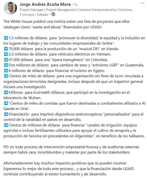 jaamora's tweet photo. The White House publicó una noticia sobre una lista de proyectos que ellos catalogan como "waste and abuse" financiados por #USAID https://t.co/WkGfGLIrZ8