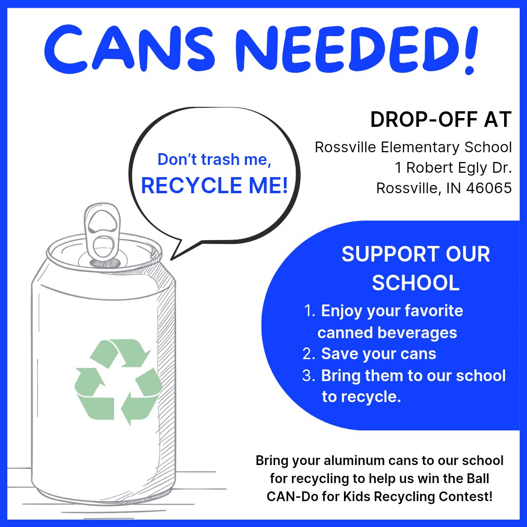 Rossville Elementary School is thrilled to be part of a great can recycling competition from now until the end of April 2025! We are pitted against a few neighboring school systems with the closest being Delphi Elementary.
