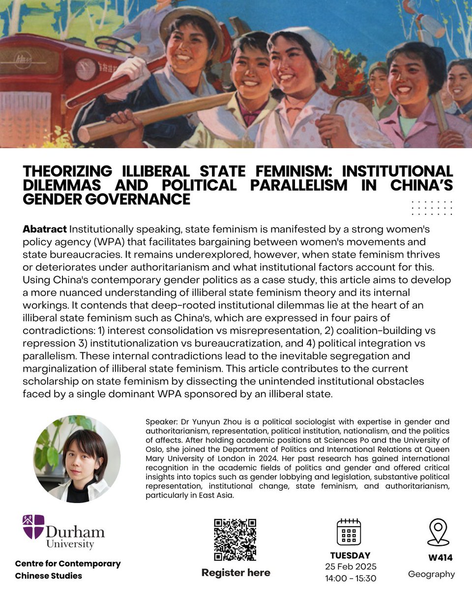 Centre for Contemporary Chinese Studies (@durham_cccs) on Twitter photo excited to be hosting this talk on illiberal state feminism by <a href="/zhou_yunyun/">Yunyun Zhou</a> on Tuesday, 25 February.
<a href="/Durham_SGIA/">SGIA Durham</a> excited to be hosting this talk on illiberal state feminism by <a href="/zhou_yunyun/">Yunyun Zhou</a> on Tuesday, 25 February.
<a href="/Durham_SGIA/">SGIA Durham</a>
