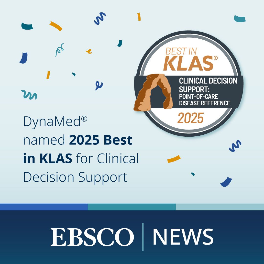 DynaMed es reconocida como #1 Clinical Decision Support: Point-of-Care Disease Reference en los premios 2025 Best in KLAS Research Software and Service, por cuarta vez en cinco años

Más información: m.ebsco.is/uh2sP

#BestinKLASAwards hashtag#BIK2025 hashtag#BIK25