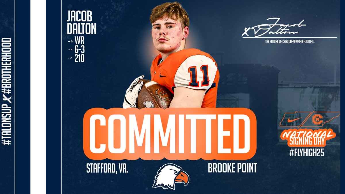 Carson-Newman Football (@cnfootball) on Twitter photo 🖋️ #️⃣3️⃣7️⃣
Jacob Dalton – WR – 6-3 – 210 – Stafford, Va. – Brooke Point - <a href="/jacobdalton_11/">Jacob Dalton Brooke Point</a>
📋 bit.ly/2025CNnsd
#CNNSD25 x #FlyHigh25 | #TalonsUp x <a href="/cnfootball/">Carson-Newman Football</a> x #Brotherhood 🖋️ #️⃣3️⃣7️⃣
Jacob Dalton – WR – 6-3 – 210 – Stafford, Va. – Brooke Point - <a href="/jacobdalton_11/">Jacob Dalton Brooke Point</a>
📋 bit.ly/2025CNnsd
#CNNSD25 x #FlyHigh25 | #TalonsUp x <a href="/cnfootball/">Carson-Newman Football</a> x #Brotherhood