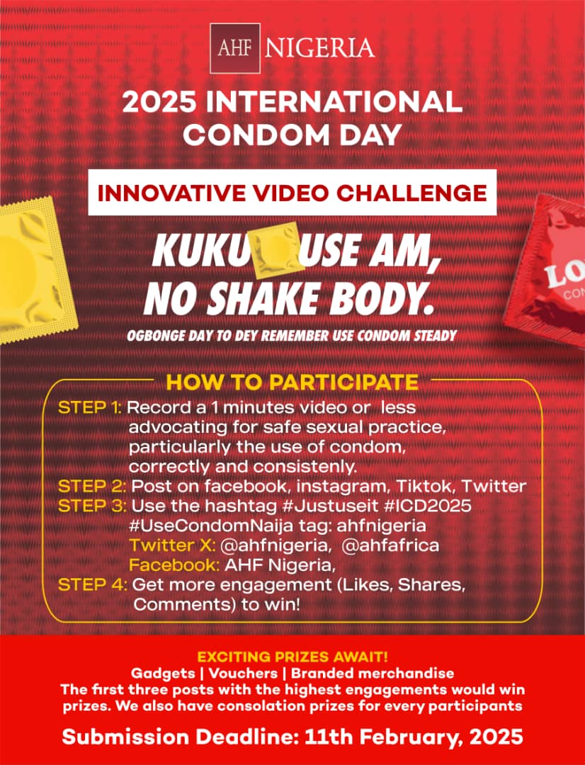 🎥 Call for Entries: Int. Condom Day Video Challenge! 🌍
Are you ready to inspire change &amp; promote safer sex? Join our Int. Condom Day Video Challenge &amp; win amazing rewards!
📅 Deadline: 11th Feb. 2025 facebook.com/share/p/1BFTtQ… <a href="/ahfafrica/">AHF Africa</a>
<a href="/NACANigeria/">NACA Nigeria</a>
