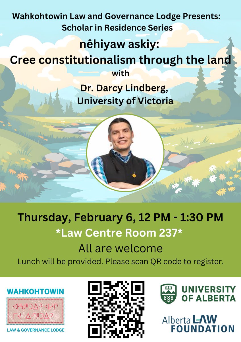✨Room Change to LC237✨

The upcoming Scholar in Residence event with Dr. Darcy Lindberg will now be in room 237 on the second floor of the Law Centre. The event will be from 12:00 - 1:30 pm, and will be in-person.

We can’t wait to see you there!