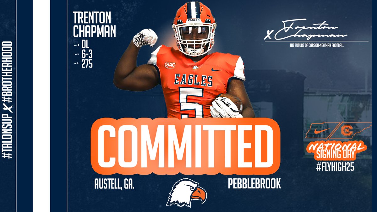 🖋️ #️⃣4️⃣0️⃣

Trenton Chapman – DL – 6-3 – 275 – Austell, Ga. – Pebblebrook - <a href="/ChapmanTrenton/">Trenton</a> 

📋 bit.ly/2025CNnsd

#CNNSD25 x #FlyHigh25 | #TalonsUp x <a href="/cnfootball/">Carson-Newman Football</a> x #Brotherhood