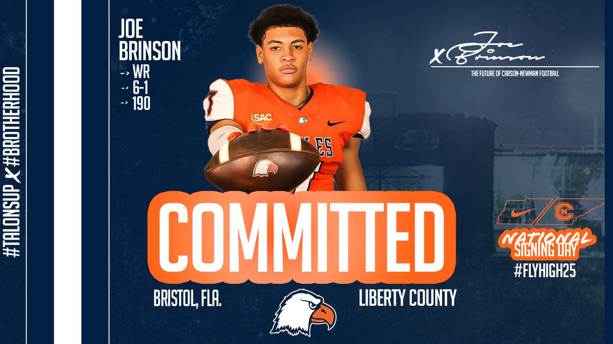 🖋️ #️⃣4️⃣4️⃣

Joe Brinson – WR – 6-1 – 190 – Bristol, Fla. – Liberty County - <a href="/Joebrinson07/">Joe brinson</a> 

📋 bit.ly/2025CNnsd

#CNNSD25 x #FlyHigh25 | #TalonsUp x <a href="/cnfootball/">Carson-Newman Football</a> x #Brotherhood