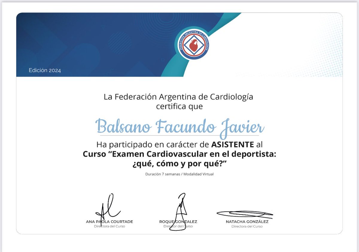 Una gran experiencia haber participado en este excelente curso de examen cardiovascular realizado por <a href="/ComunidadFAC/">FAC</a>. Un paso más en la formación de Cardiología del deporte.