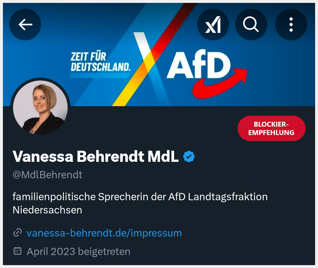 Moin!

Hier folgt eine weitere Episode "damit keiner sagen kann, er habe es nicht gewusst". Diesmal geht es um Vanessa Behrendt (#AfD), <a href="/MdlBehrendt/">Vanessa Behrendt MdL</a>.

Man beachte: Sie ist #Ministerin im #Landtag #Niedersachsen und ist familienpolitische Sprecherin der AfD, …