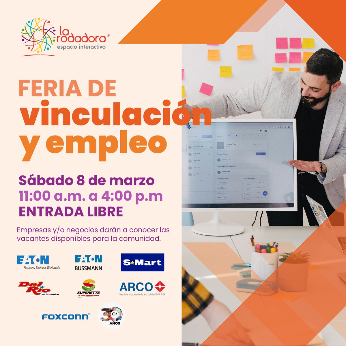 📷 Feria de vinculación y empleo en La Rodadora
Este sábado 8 de marzo tendremos la Feria de vinculación y empleo, donde más de 10 empresas y negocios darán a conocer las vacantes disponibles que tienen para la comunidad.

Sábado 8 de marzo | 11:00 am a 4:00 pm | Entrada libre