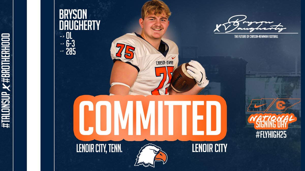 🖋️ #️⃣4️⃣3️⃣

Bryson Daugherty – OL – 6-3 – 285 – Lenoir City, Tenn. – Lenoir City - <a href="/Bryson_D75/">Bryson Daugherty</a> 

📋 bit.ly/2025CNnsd

#CNNSD25 x #FlyHigh25 | #TalonsUp x <a href="/cnfootball/">Carson-Newman Football</a> x #Brotherhood