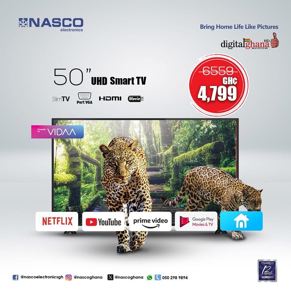 Let your TV viewing come alive with our 50inch UHD Smart Tv with VIDAA.

Access your favourite apps like Netflix, YouTube,  Prime Video in crystal clear high definition.

Walk into our showrooms anywhere in Ghana for cool deals and a 12-month warranty !

#Nasco #nascoelectronics