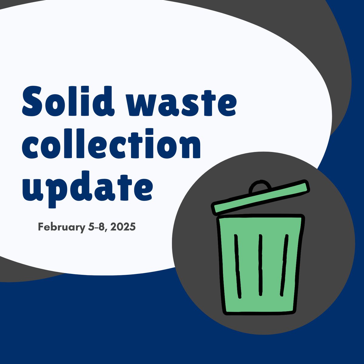 Due to road conditions throughout the metro, Republic Services has suspended trash, recycling, and yard waste collection for today, February 5. Collection will be delayed by one day for the remainder of the week.