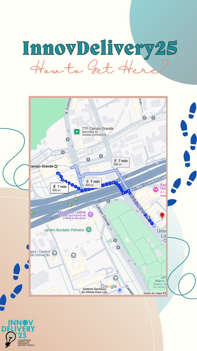InnovDelivery's tweet photo. 🚶‍♀️Heading to InnovDelivery25? We've Got You Covered! 🚀
Just a 7-minute walk from Campo Grande’s Metro Station!
📷 For more information, check our Instagram page!
📍 Location: Auditório José Araújo, Universidade Lusófona
See you there! https://t.co/PTshLfYvyc