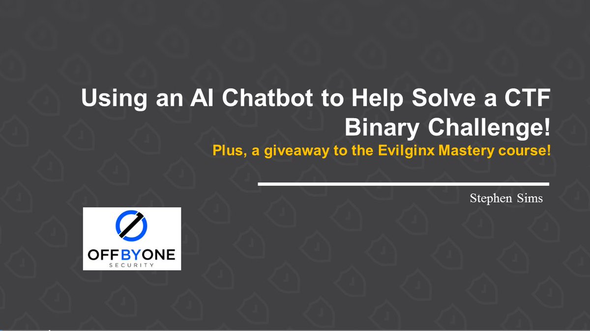 Steph3nSims's tweet image. Join me this Friday (7-Feb) at 11AM on the @offby1security stream for a session on using an AI Chatbot to help with a CTF challenge on binary exploitation. We will also be giving away 3 licenses to @mrgretzky&apos;s Evilginx Mastery course!

youtube.com/watch?v=SMmvJo…
