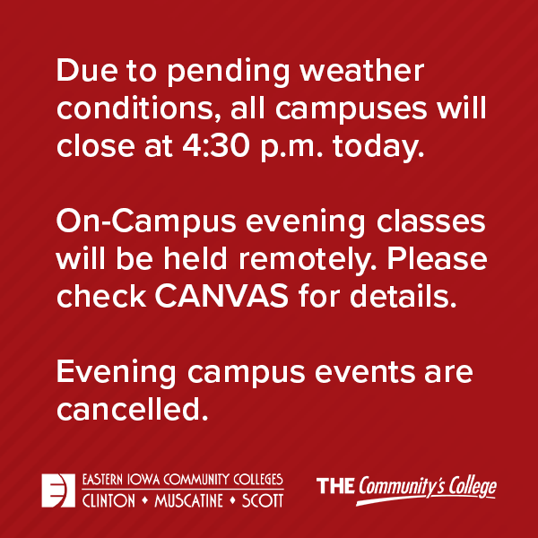 tweet_mcc's tweet photo. Due to pending weather conditions, all campuses will close at 4:30 p.m. today. On-Campus evening classes will be held remotely. Please check CANVAS for details. Evening campus events are cancelled. https://t.co/uKcRkkF9OI