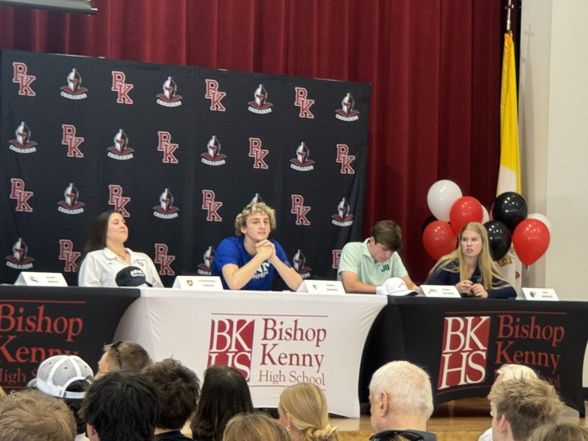 Evan Raynor - Golf JU 
Ava Winkler - VB Ave Maria 
Owen Delaney - Baseball FL Tech
Adam Enoch -Basketball Stevens Tech
JP Donovan - FB Navy
Owen Kerkezi - Swim Lynn University
Andrew Clifford - FB Hampden Sydney
Stephanie Grden - XC/Track Army
Mia Brumfield - SOC Miss Valley St