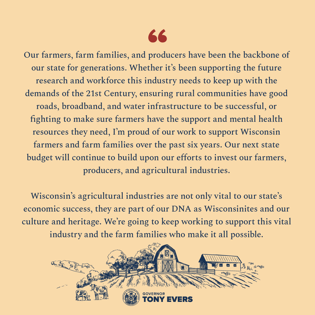 Wisconsin's farmers have been the backbone of our state for generations, so I am thrilled to announce my next state budget will include more than $80 million to support their success and the growth of this industry for generations to come.

More here ⬇️
content.govdelivery.com/accounts/WIGOV…