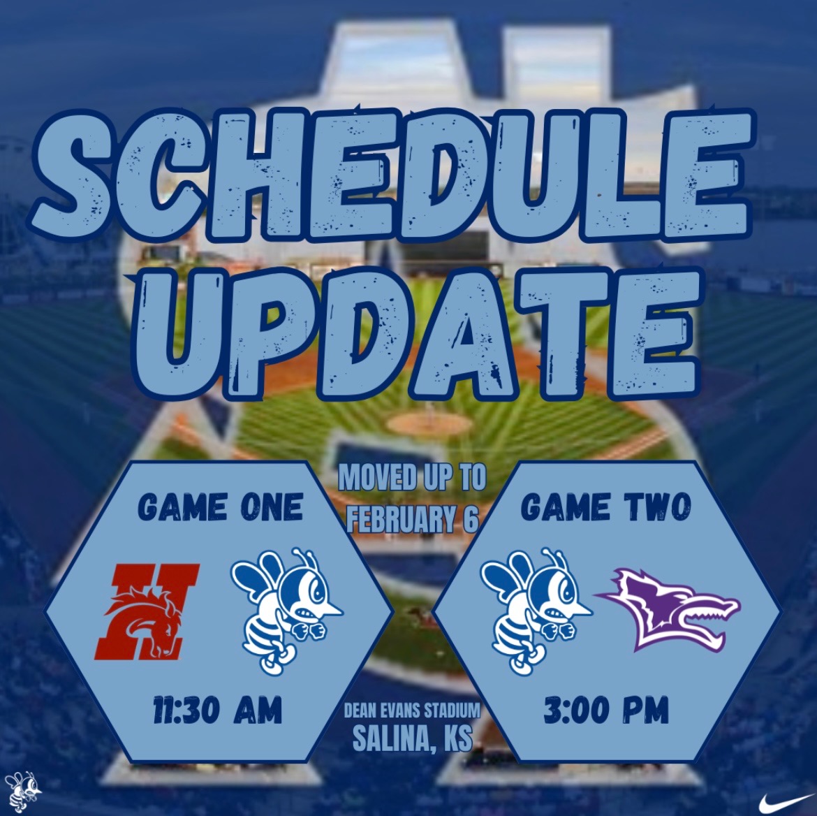 ☆ SCHEDULE  CHANGE ☆
4 Team Series at Kansas Wesleyan has been bumped up from Fri-Sat
to Thurs-Fri
#RollBees