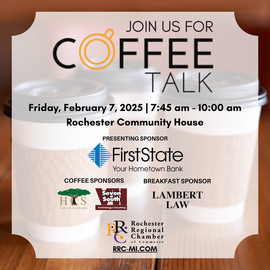 Join us this Friday, February 7th, at the Rochester Community House for a little bit of coffee and a whole lot of networking!

Register here: business.rrc-mi.com/events/details…

#connect #rrcbacksbiz #Chamberbacksbiz #ChamberStrong #JoinUs #Support #community #local #network #expand