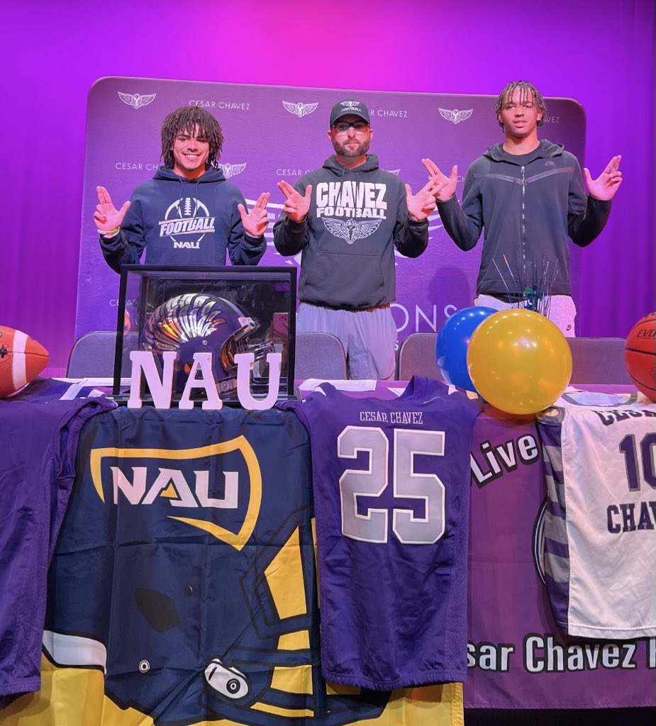 Cesar Chavez DB MJ Woodberry and Peyton Stokes sign with Northern Arizona. Here with their coach, Chandler Hovik