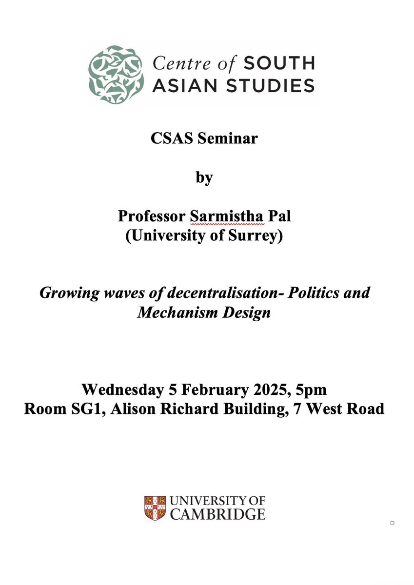 Shailaja Fennell (@shailajafennell) on Twitter photo Join us for our Wednesday seminar, starting in half an hour with Professor Sarmistha Pal speaking on Decentralisation in Indonesia <a href="/CSASCambridge/">Cambridge South Asia</a> <a href="/CdsCambridge/">Cambridge Centre of Development Studies</a> <a href="/CamConsortiumGS/">Cambridge Consortium for the Global South</a> Join us for our Wednesday seminar, starting in half an hour with Professor Sarmistha Pal speaking on Decentralisation in Indonesia <a href="/CSASCambridge/">Cambridge South Asia</a> <a href="/CdsCambridge/">Cambridge Centre of Development Studies</a> <a href="/CamConsortiumGS/">Cambridge Consortium for the Global South</a>