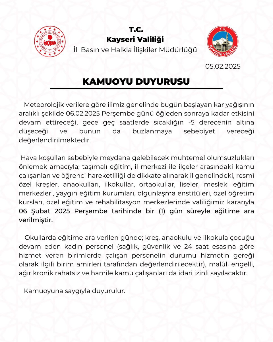 gokmen_cicek_'s tweet photo. 📍Değerli Kayserili hemşehrilerimiz, kıymetli öğrenci ve eğitim çalışanlarımız ile tüm vatandaşlarımızın sağlık ve güvenliği düşünülerek mevcut hava koşullarına göre alınmış olan eğitim-öğretime bir (1) gün süre ile ara verilmesini içeren bilgilendirme metni aşağıda paylaşılmıştır.