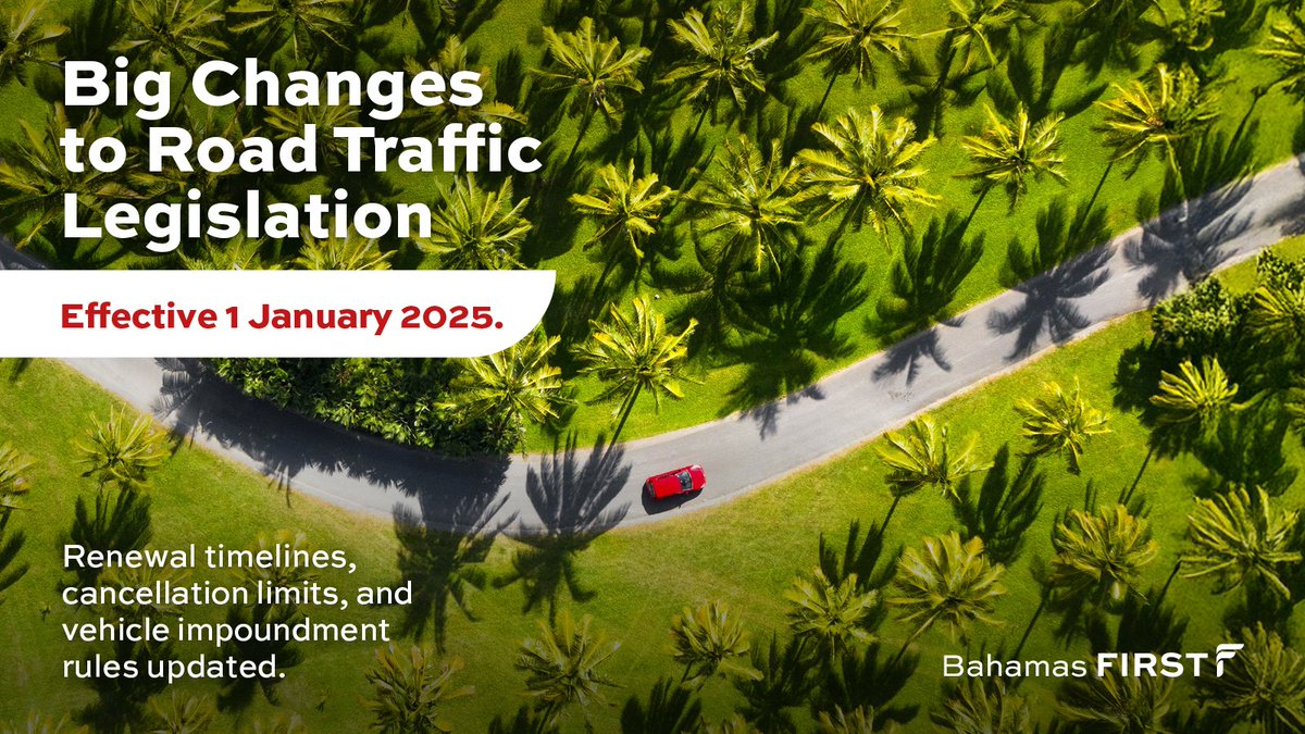 BahamasFirstGen's tweet image. 🚗 The Road Traffic (Amendment) Act, 2024 is now in effect, bringing key changes to vehicle insurance renewal, policy cancellations &amp;amp; law enforcement powers. Stay informed to keep your coverage uninterrupted. Learn more: bahamasfirst.com/important-upda…