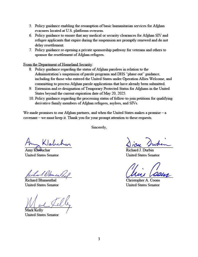 The United States must stand by the people who supported our troops and their families.

We are calling on the Administration to provide answers about the impact of recent actions on our Afghan wartime allies.

It is a matter of national interest and national honor.