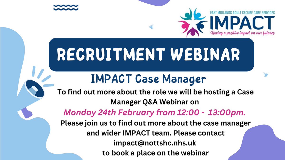 IMPACT East Midlands (@impactteamem) on Twitter photo Looking for a new challenge? We are expanding our case manager team. Want to know more about the role? Join our online Q&A webinar on Monday 24th February 12:00-13:00pm Contact impact@nottshc.nhs.uk to book a place on the webinar. Apply online at shorturl.at/QWqAC Looking for a new challenge? We are expanding our case manager team. Want to know more about the role? Join our online Q&A webinar on Monday 24th February 12:00-13:00pm Contact impact@nottshc.nhs.uk to book a place on the webinar. Apply online at shorturl.at/QWqAC