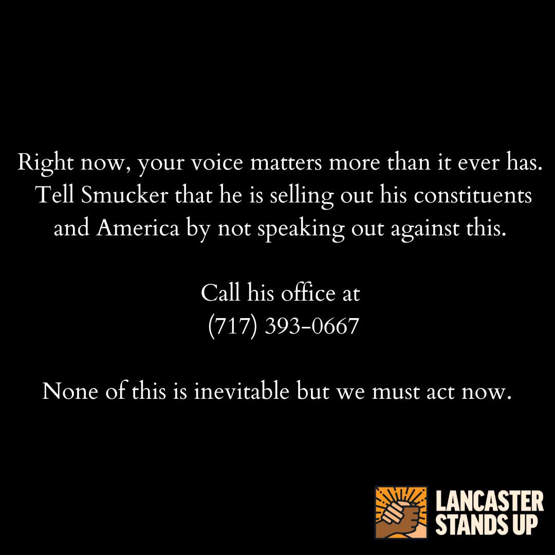 lancstandsup's tweet image. A Statement from Lancaster Stands Up: A Corporate Coup is happening.
Call Smucker’s office and tell him he is selling out his constituents,
(717)393-0667.